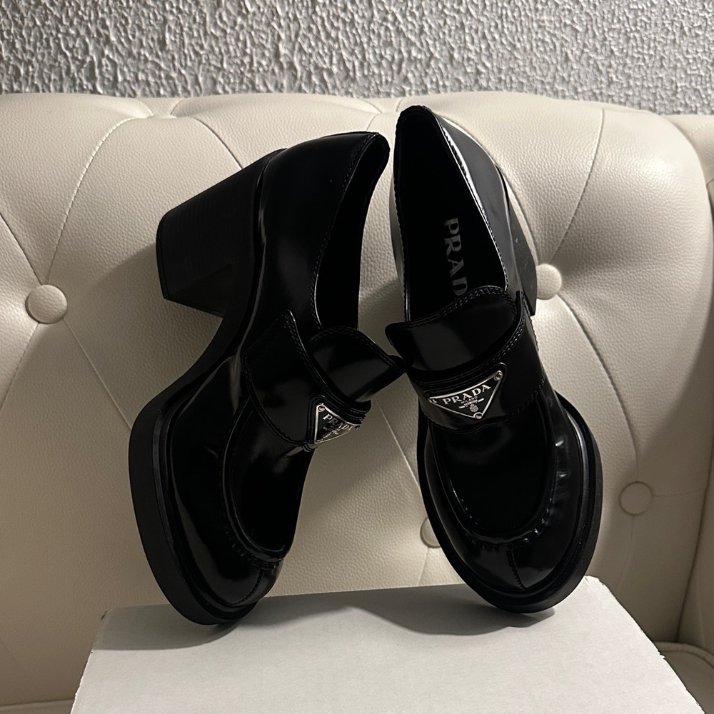 Prada Chocolate Platform, Triangle Logo Heeled Lo… - image 8